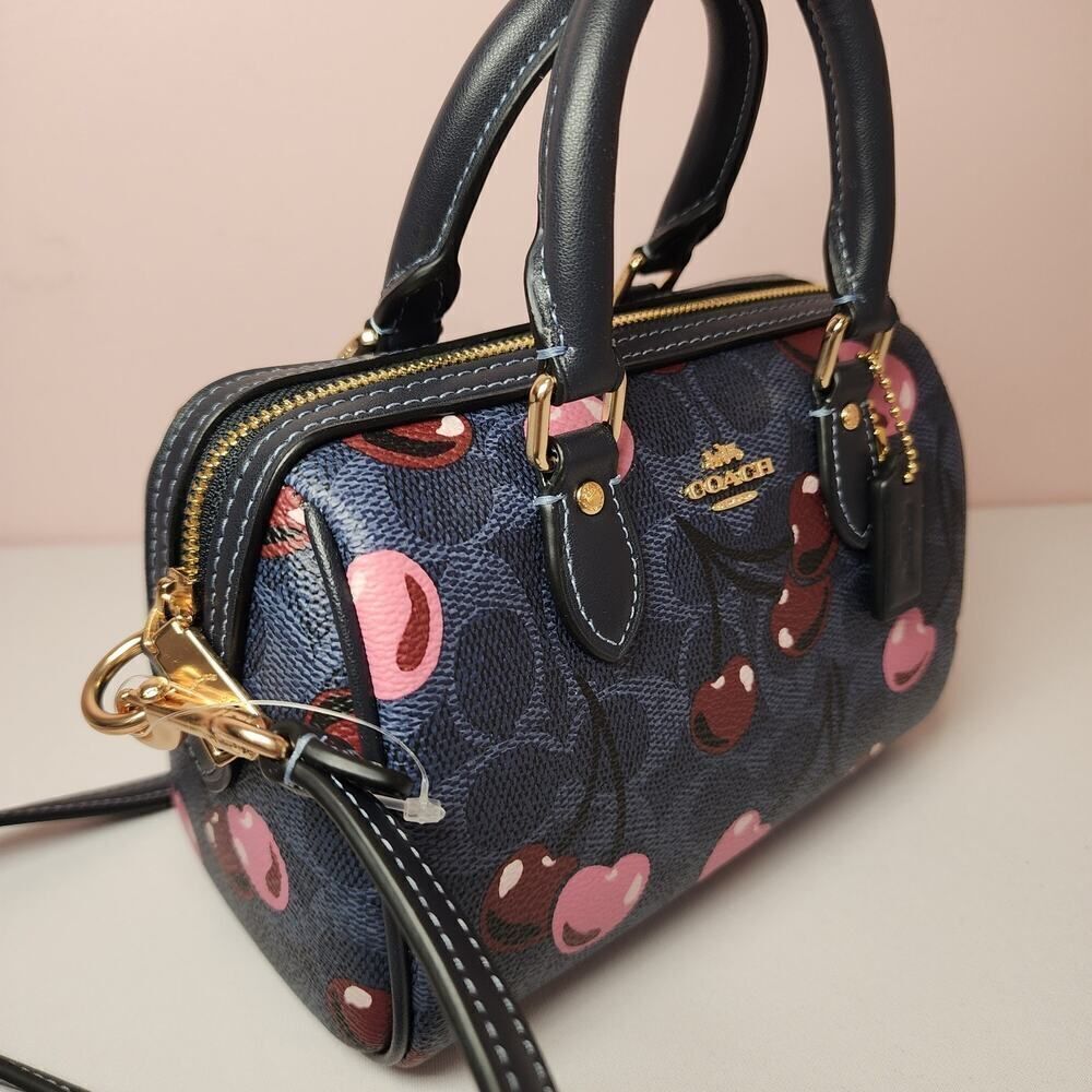 NWT Coach CY741 Mini Rowan Crossbody Bag Signature Cherry Print Denim Blue - Picture 2 of 7